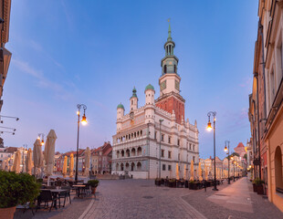 The old bell tower with the clock of the town hall during blue hour in Poznan