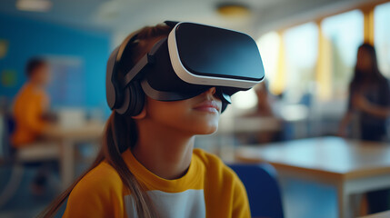 A school student with VR headset using artificial intelligence technology and machine learning Interactive technology in classroom.