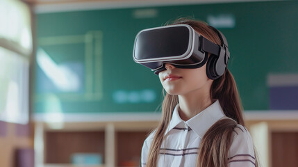 A school student with VR headset using artificial intelligence technology and machine learning Interactive technology in classroom.