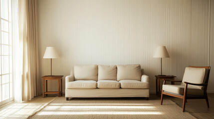 A cozy living room featuring a beige sofa, wooden furniture, and soft natural lighting through large windows, creating a warm and inviting atmosphere.