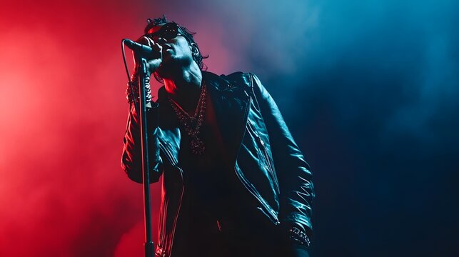 Rock singer in leather jacket performing with dramatic red and blue stage lights - Powered by Adobe