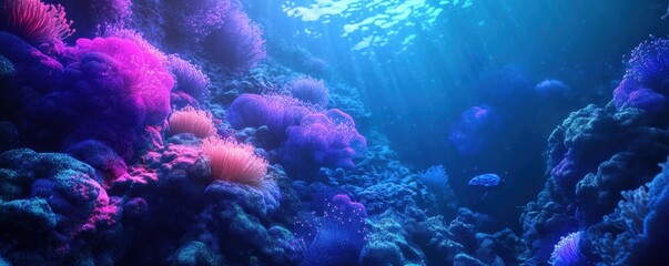 A vibrant underwater coral reef with colorful marine life, illuminated by sunlight from above, creating a stunning aquatic scene.