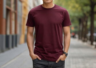 Man wearing blank maroon t-shirt mockup in store. Mock up template for design print photos