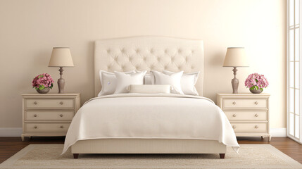 A beautifully designed bedroom featuring cream-colored decor, a tufted headboard, matching nightstands, and floral accents, creating a sophisticated and serene atmosphere.
