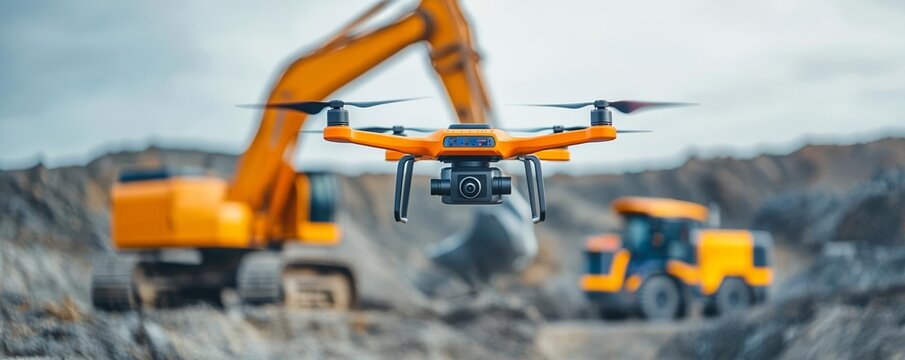 Autonomous drones and excavators collaborating in a high-tech mining operation, highlighting the future of mineral extraction