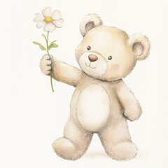 Whimsical Teddy Bear Holding a Flower, Childish Illustration for Kids Generative AI