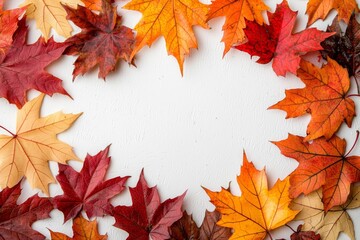 Autumn Maple Leaves Flat Lay White Background created with Generative AI
