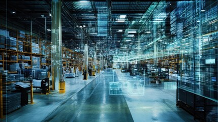 Obraz premium Digital Overlay of a Warehouse Interior with Data and Network Visualization