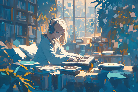 Girl surrounded by pillows and blankets, listening to music on vinyl records in a dimly lit room. Anime style, Cozy vibes
