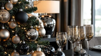 A sophisticated modern Christmas setting featuring a sleek black tree adorned with silver and golden ornaments, capturing a luxurious holiday ambiance by the window