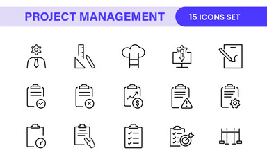 Project Management web icons in line style. Outline icon collection related to Schedule, human resource, management, development, planning, and more.