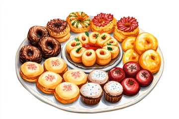 a beautifully arranged hanukkah dessert platter, featuring sufganiyot and other treats illustration
