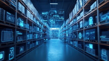 Futuristic Warehouse Interior with Digital Overlays