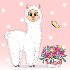 Naklejka premium Cute cartoon llama with a bouquet of flowers. Vector illustration of an animal with roses and a butterfly on a pink background.