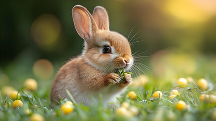 Fototapeta premium Cute Brown Bunny Rabbit Eating Grass in a Field of Yellow Flowers - Photo