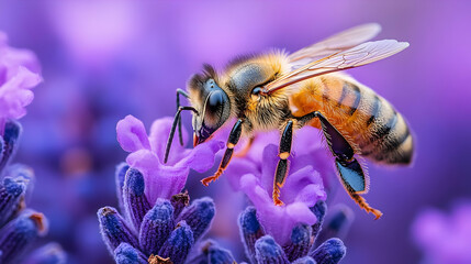 Closeup of Honey Bee on Purple Flower, Macro Photography