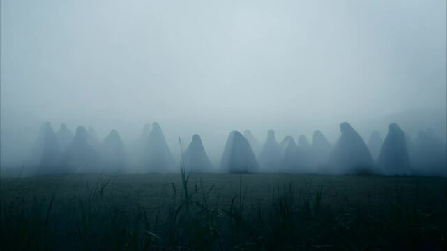 Horizontal Halloween Video, Group of Cultist Ghosts in White Performing Ritual in a Misty Field