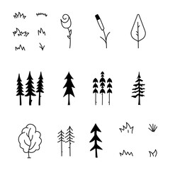 Simple and minimalist tree icons collection. Line art silhouette trees. Stock elements set