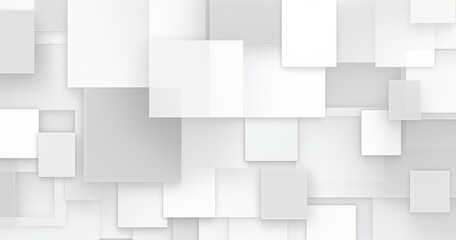 A modern abstract composition featuring overlapping white and light gray squares, creating a sense of depth and texture.