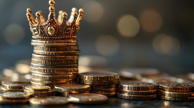 Dividend Aristocrats: A crown on top of a stack of coins, symbolizing companies with a long history of paying increasing dividends.