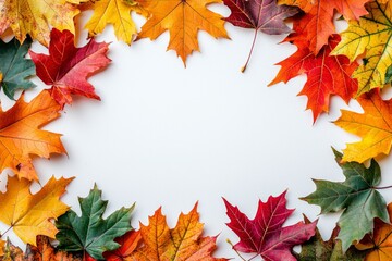 Fototapeta premium Autumn Maple Leaves Flat Lay White Background created with Generative AI