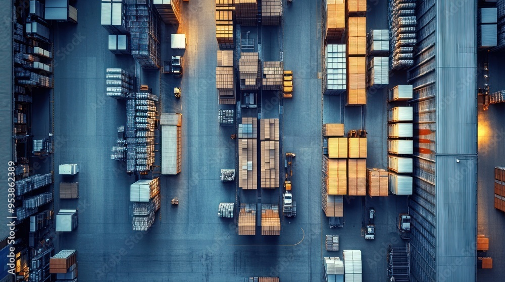 Poster aerial view of a busy cargo storage area with forklifts and containers