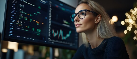 Strategic Market Analysis Team Monitoring Financial Growth Trends on Large Monitors