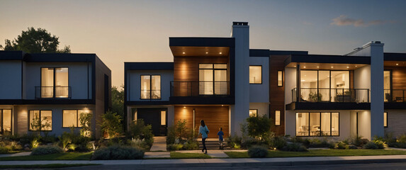 a newly constructed residential neighborhood with modern homes lined up along a pristine street-3