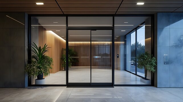 Automated Glass Entry Door with Modern Minimalist Sensor System for Commercial Interiors