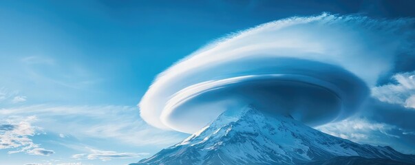 Stunning view of a mountain crowned by a unique lenticular cloud against a vibrant blue sky, showcasing nature's beauty.