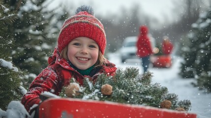 A joyful family adventure selecting and cutting down a Christmas tree at a snowy tree farm with festive decorations and bright smiles