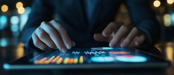 Successful Business Executive Planning Financial Growth with Digital Charts and Graphs on Tablet in Modern Office Setting