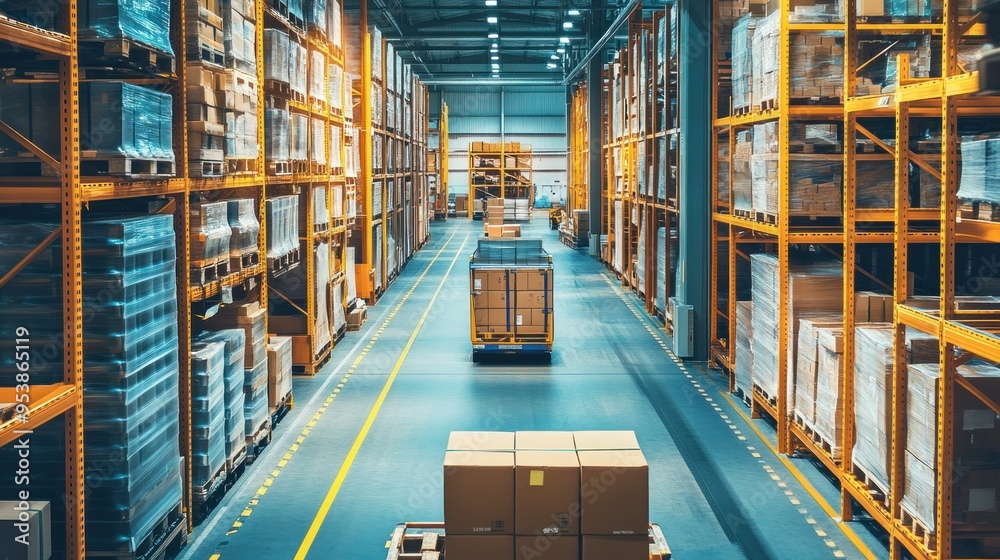Poster a warehouse with rows of pallet racks and a forklift moving boxes