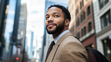 smiling black businessman with beard in urban city setting black man wearing a suit standing on city street backpack