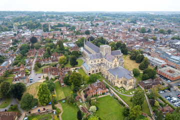 Fototapeta premium Winchester Cathedral, aerial view of the famous medieval architecture in Winchester, Hampshire, United Kingdom, UK