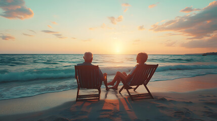 Tourism and travel vacation. Senior happy couple relaxing in luxurious resort sunset beach in deck chairs. Romantic honeymoon holidays. Recreation concept with copyspace