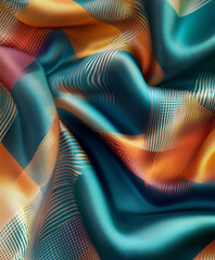 plaid design on silk fabric, vibrant colors, overlapping stripes in teal, gold, and coral, smooth and reflective surface