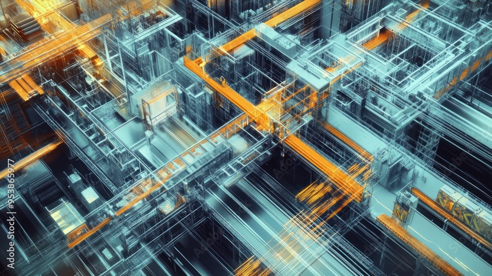 Poster Abstract Cityscape with Intersecting Lines and Orange Pathways