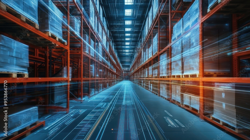 Poster warehouse with motion blur and digital overlay