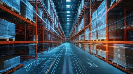 Warehouse with Motion Blur and Digital Overlay