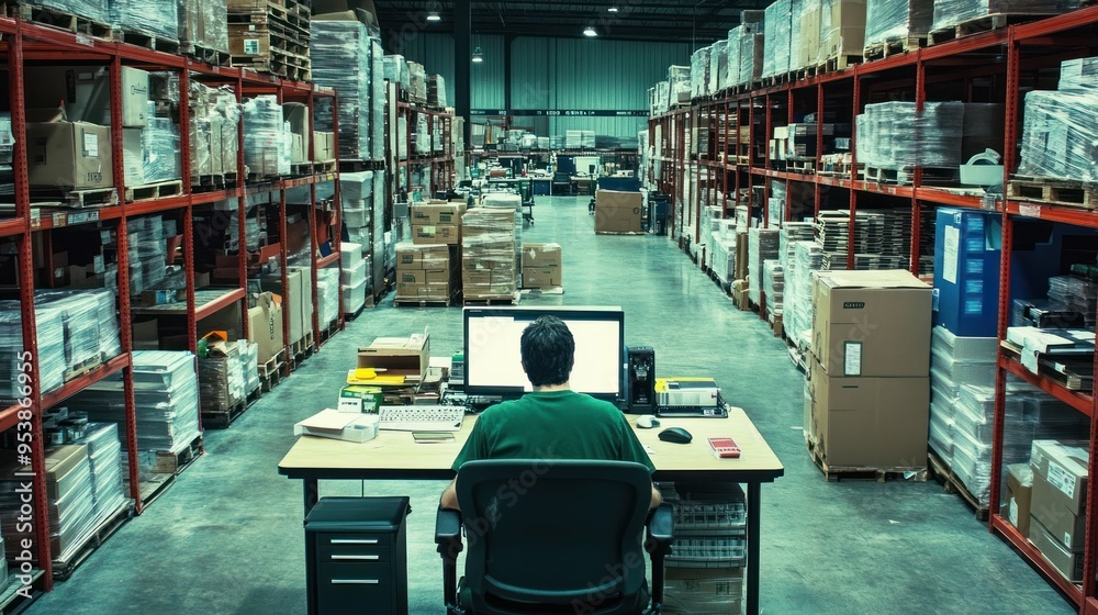 Poster A Man Working Alone in a Large Warehouse with Rows of Stacked Boxes