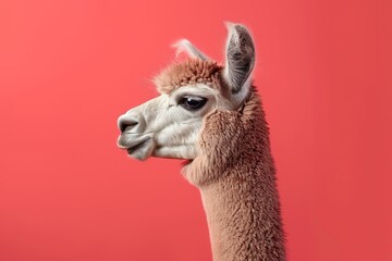 Obraz premium A fluffy alpaca stands proudly in front of a vivid coral background, its soft fur glistening. The alpaca's curious expression adds charm and whimsy to this enchanting moment