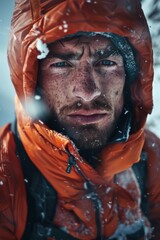 Obraz premium Amidst swirling snow, a determined climber faces the biting cold, embodying courage and resilience as he navigates the treacherous mountain terrain