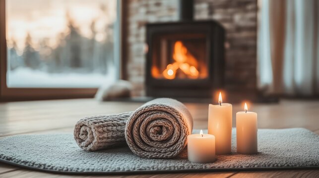 Mindful winter yoga in a cozy living room with a soft glowing fireplace, yoga mat, meditation cushion, and candles for a serene wellness experience