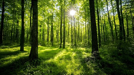 Enchanting Lush Green Forest with Sunlit Canopy Exuding Serene Ambiance