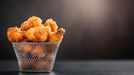 A basket of freshly fried chicken placed on a dark black table with focused lighting highlighting the rich golden color and crispy texture great for promoting fried food products i