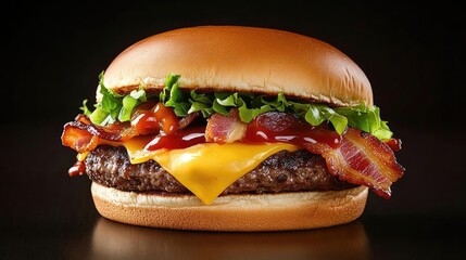 A beautifully arranged juicy burger with melted cheese and crispy bacon dripping with barbecue sauce captured against a sleek black background with soft follow lighting to enhance