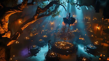 A grand and mysterious dining experience beneath a large tree with hanging lights and a magical atmosphere