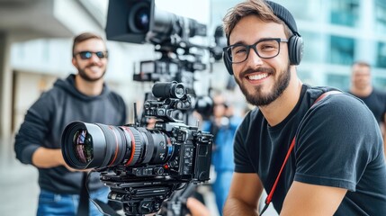 A behind-the-scenes image of a cinematographer adjusting the camera's focus while the sound engineer prepares the boom microphone great for showcasing the teamwork involved in prof