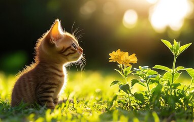 A curious kitten gazes at a vibrant flower in a sunlit garden, embodying the beauty of nature and innocence.